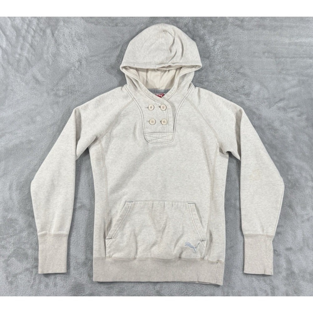 Puma Hoodie Womens‎ M Sport Henley Cream Fleece Pullover Jogging Running Casual